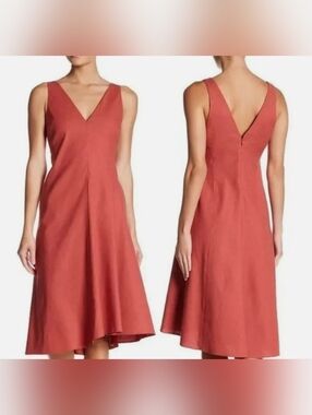 Theory Linen Stretch Double V-Neck Fit Flare Dress. 2